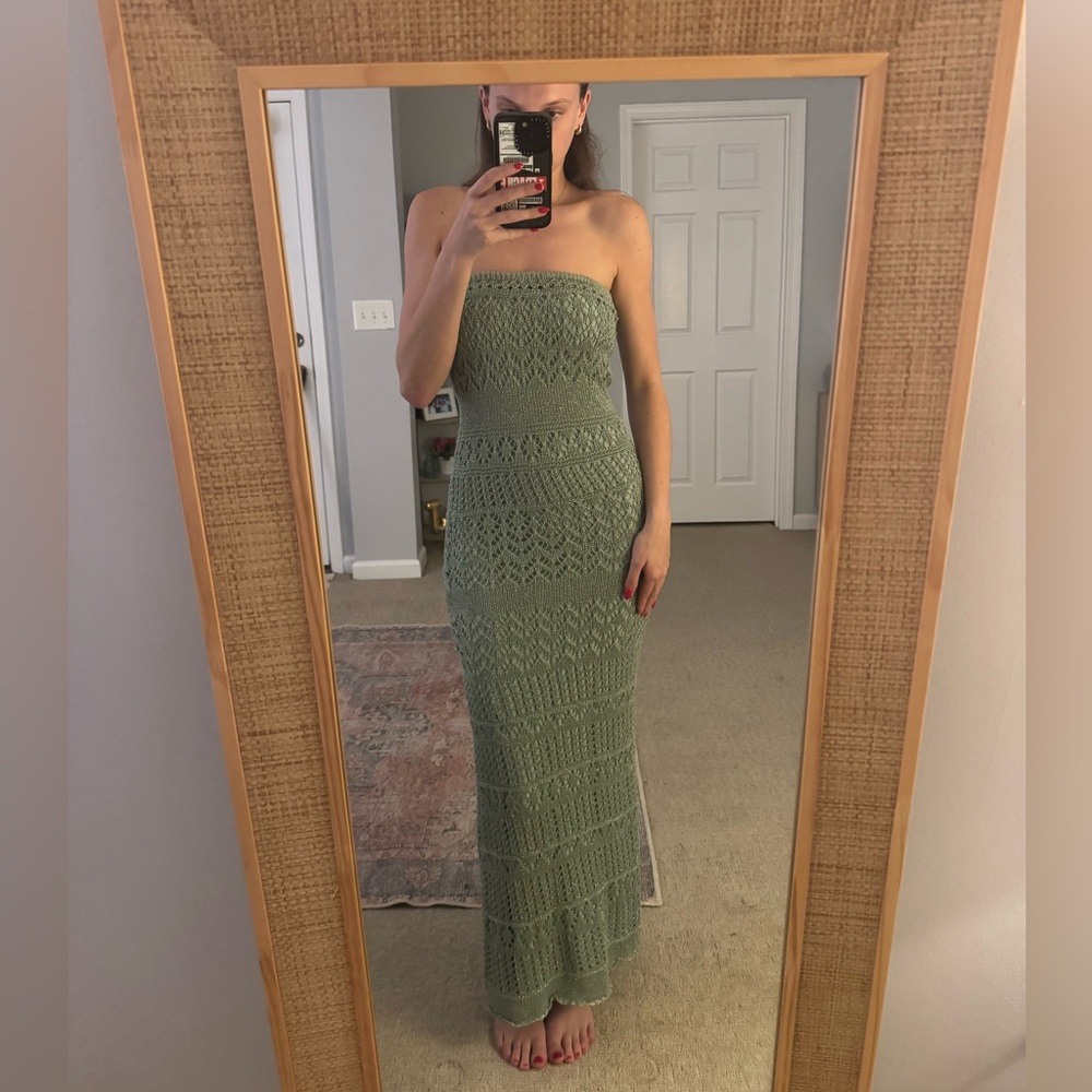 SNDYS x Revolve Strapless Crotchet Maxi Dress in Green Shimmer - Picture 4 of 5